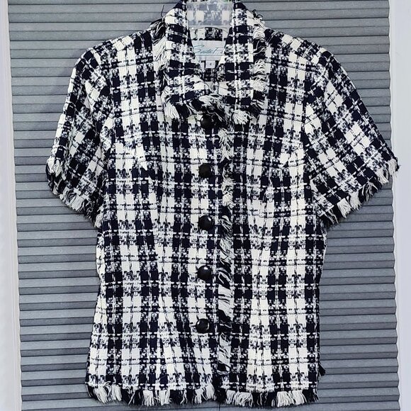 Sante Fe womans navy/white button down short sleeve fringed cardigan size 6 - Picture 1 of 14